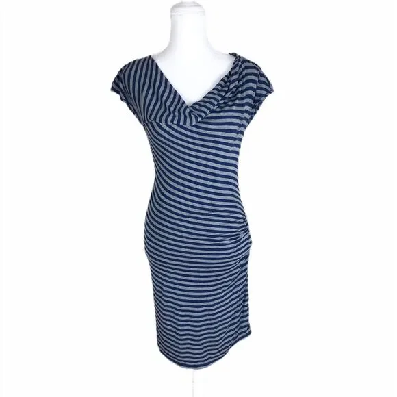 Max Studio Navy Blue Grey Striped Short Sleeve Cowl Neck Ruched Side Dress Small - Picture 1 of 7